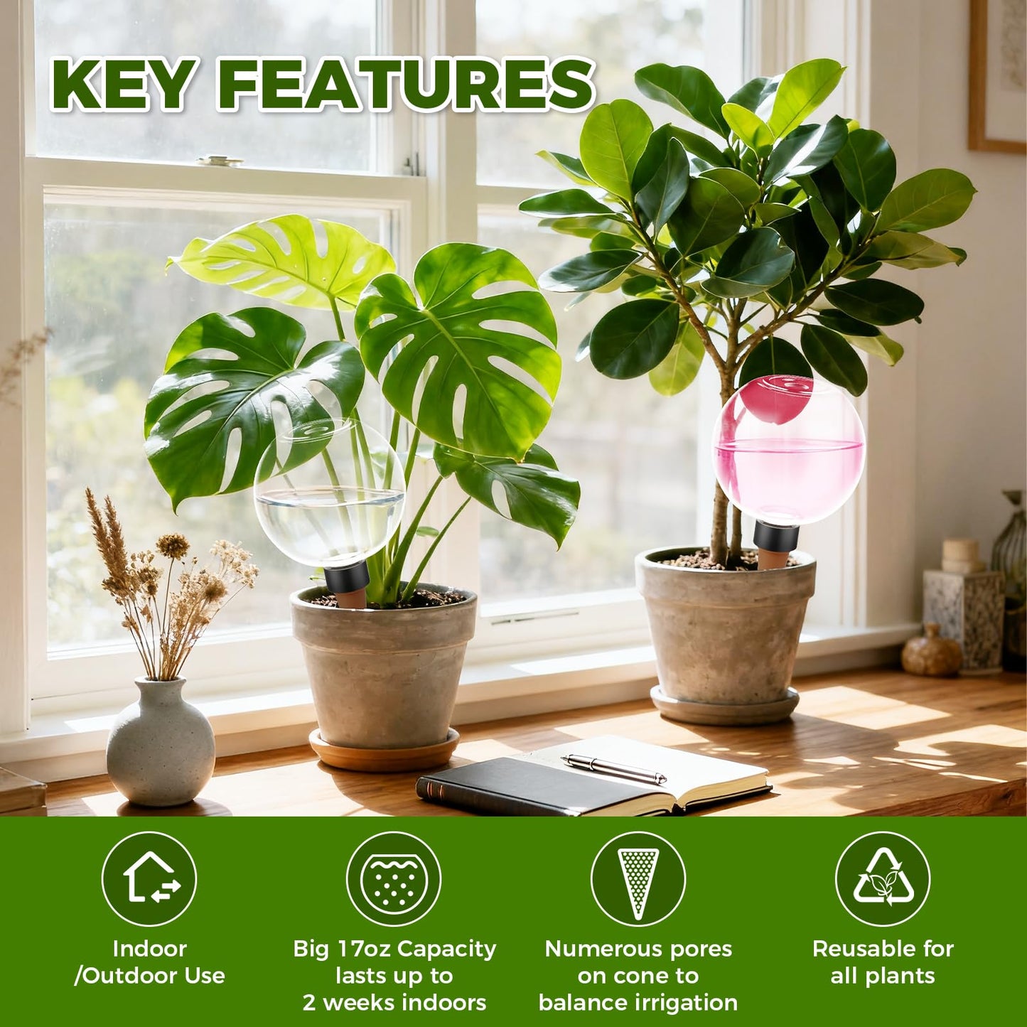 GLOBNGIAO 4 Pcs Self Watering Globes Plastic Automatic Watering Planter for Indoor Plants 17.5 oz drip Irrigation Watering Bulbs with Slow Release Control (Pink)