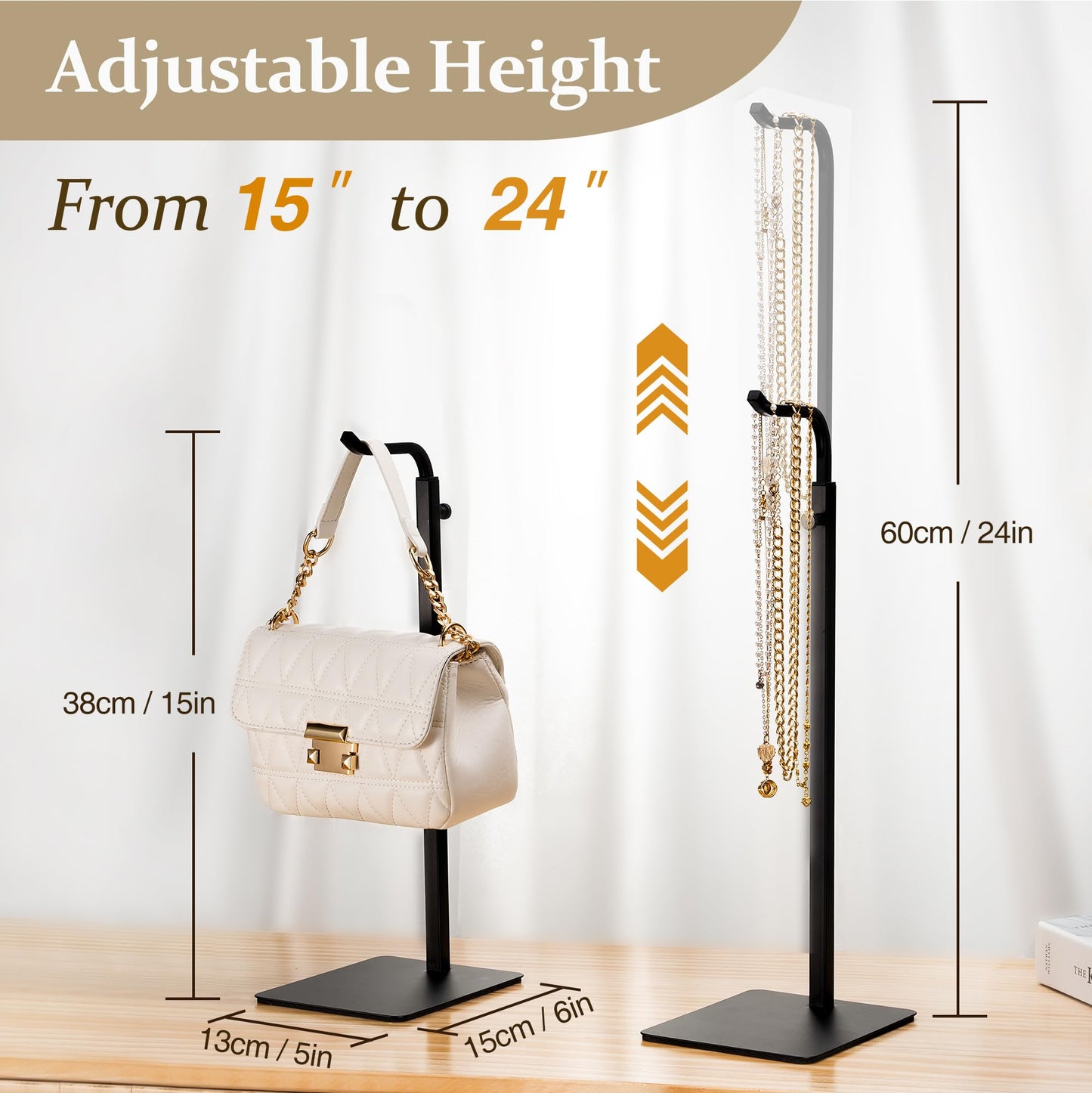 Josmimic 3 Pack Purse Holder Handbag Display Stand: Hanger Rack Showing Bags, Purses, and Wreath, Adjustable Black Hook Stand for Tabletop, Closet, Desk, and Retail Use for Vendors