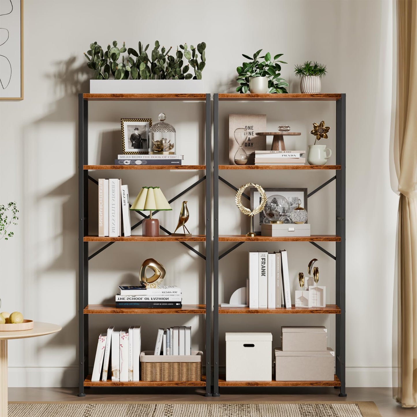 Furologee 5 Tier Book Shelf Set of 2, Tall Wide Bookshelf, Industrial Open Bookcase, Display Shelves Storage Organizer, Shelving Unit for Living Room, Home Office, Bedroom, Rustic Brown