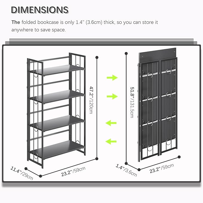 4NM No Assembly 4 Tiers Folding Bookshelf, 47.2" H Foldable Storage Shelves