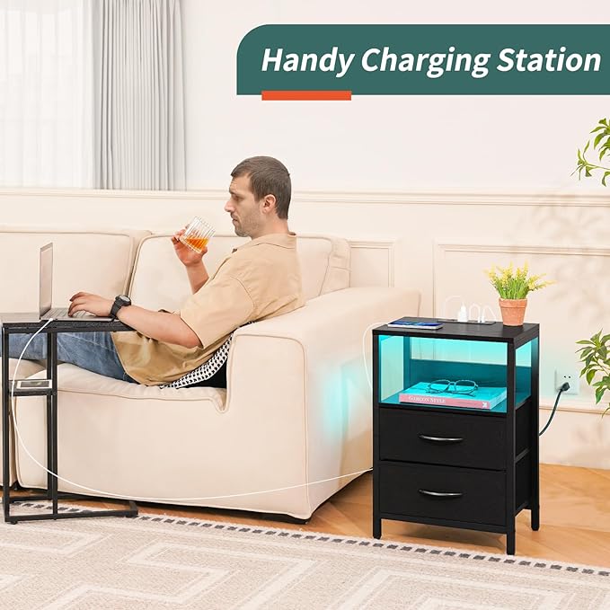 Yoobure Nightstand with Charging Station, LED Night Stand with Fabric Drawers