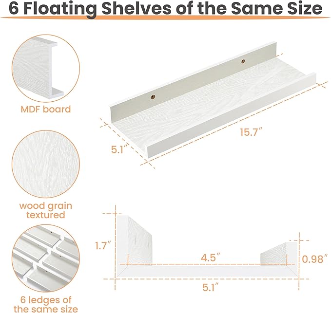 upsimples Floating Shelves for Wall, Wall Shelves for Decor Storage Set of 6