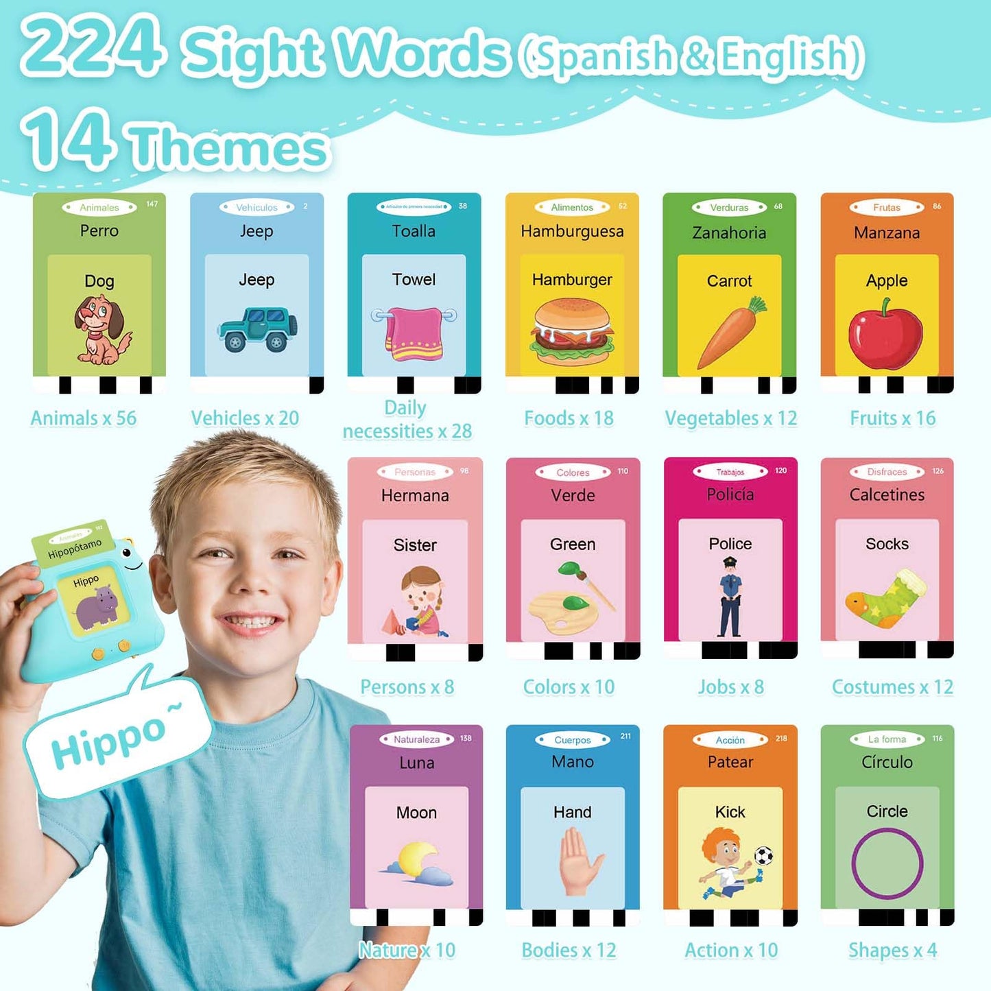 Alotwan Bilingual Talking Flash Cards Spanish/English, Learning Sensory Toys for Autistic Children, 224 Sight Words Español Speech Therapy Kids Toys Beginner, Birthday Gift for Little Boys and Girls