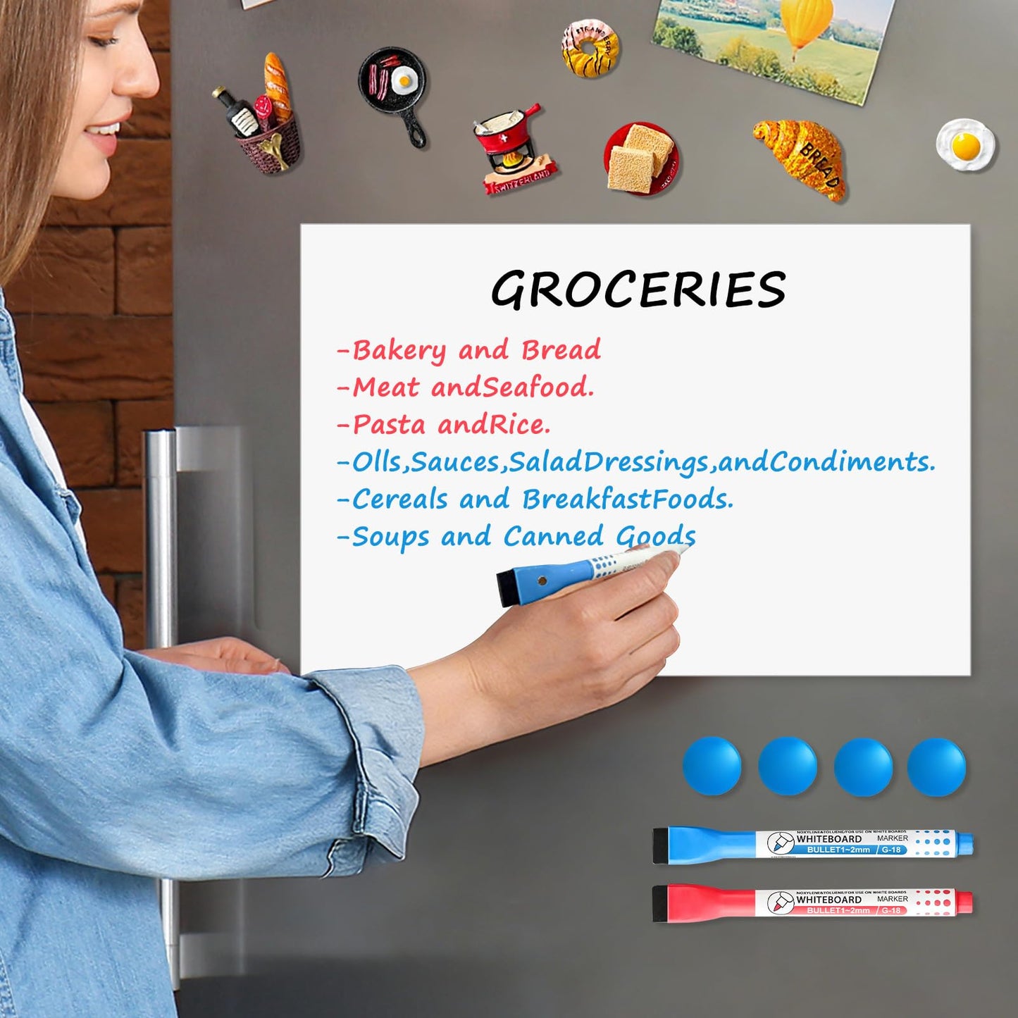 Magnetic Whiteboard for Fridge, 24" x 16" Dry Erase Board Set with Markers & Eraser, Strong Magnet & Stain-Resistant Surface, Fridge Calendar for Notes, Grocery List, Meal Planning & Family Schedule