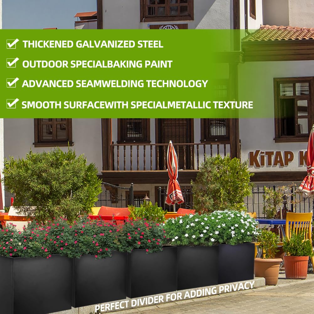 Megawodar Metal Tall Long Planter Box Large Rectangular Planter Flower Pot with Drainage Holes for Indoor Outdoor Deck Porch Garden Home Patio Front Door (Black, M)