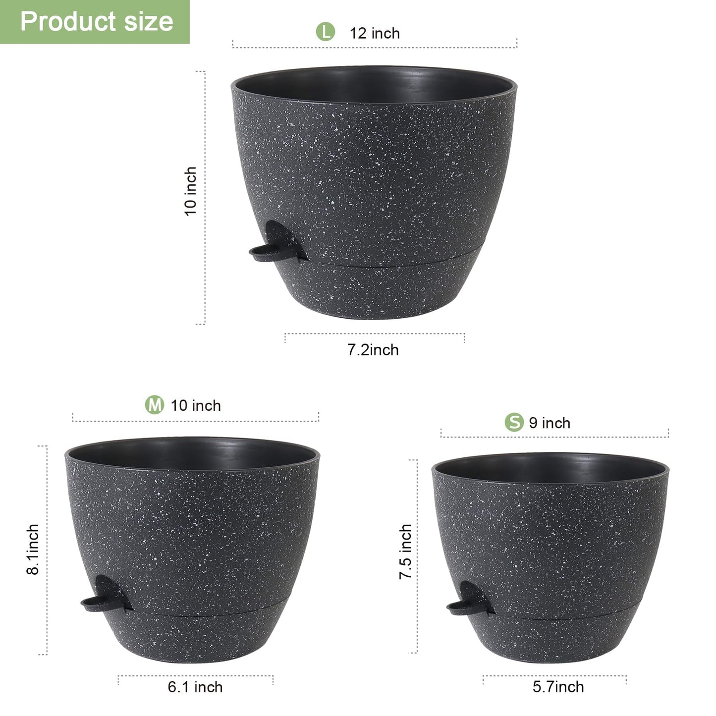 WSMKSZ 12/10/9 inch Large Self Watering Pots, Planter, Plant Pots with Mesh Drainage Holes for Indoor Outdoor Garden Plants, Plastic Flower Pots with Removable Deep Reservoir, Speckled Black