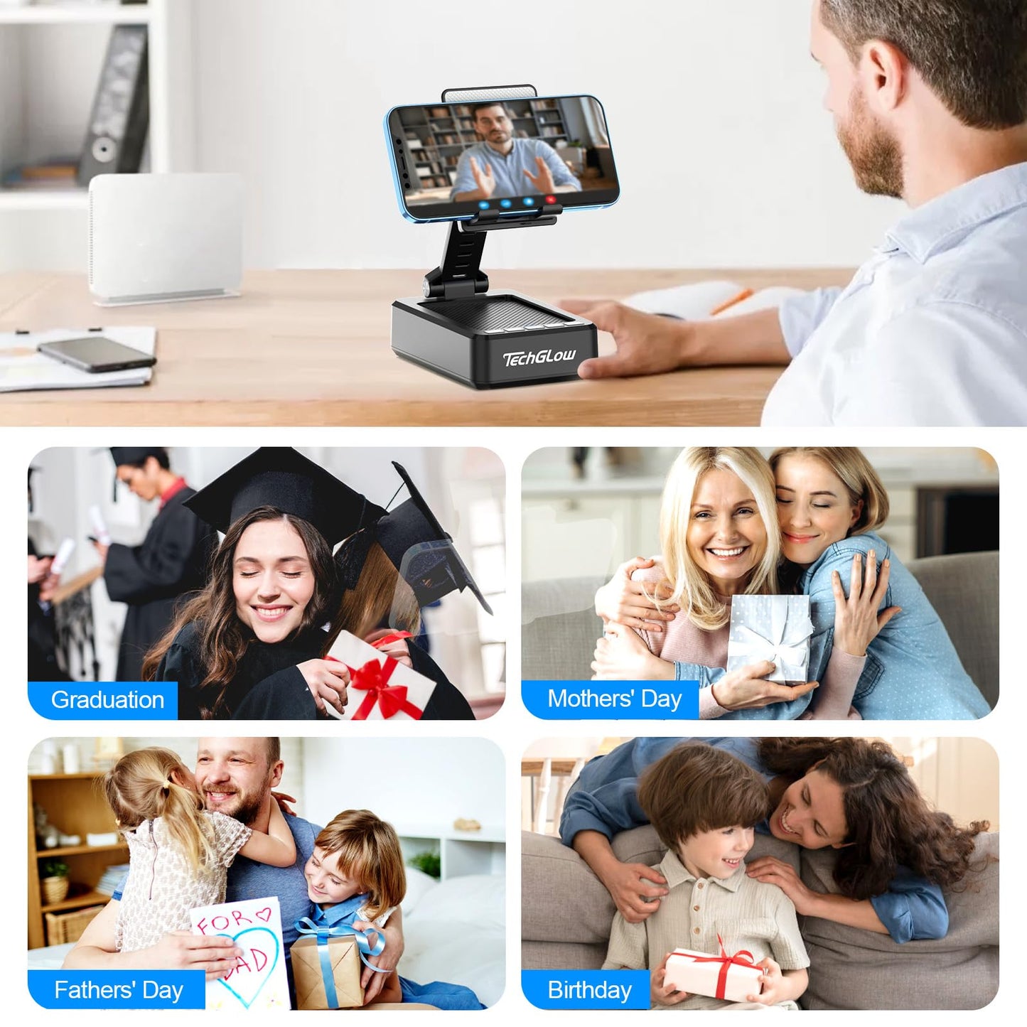 TechGlow Foldable Cellphone Stand with Bluetooth Speaker and Charging Function Birthday Gifts for Men Women Mother Father Boy Girl Teens Cool Tech Gadgets