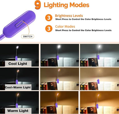 VAVOFO Rechargeable Book Light for Reading in Bed Kids, 7 LED Reading Light with 9-Level Warm Cool White Daylight, Eye Care Lamp with Power Indicator for Bookworms (Dark Purple)