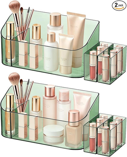 SUNFICON 2 Pack Makeup Trays Organizers Holders Cosmetic Display Cases Tabletop Desktop Vanity Countertop Bathroom Wall Cabinet Medicine Storage Boxes for Womens Ladies Girls Crystal Green