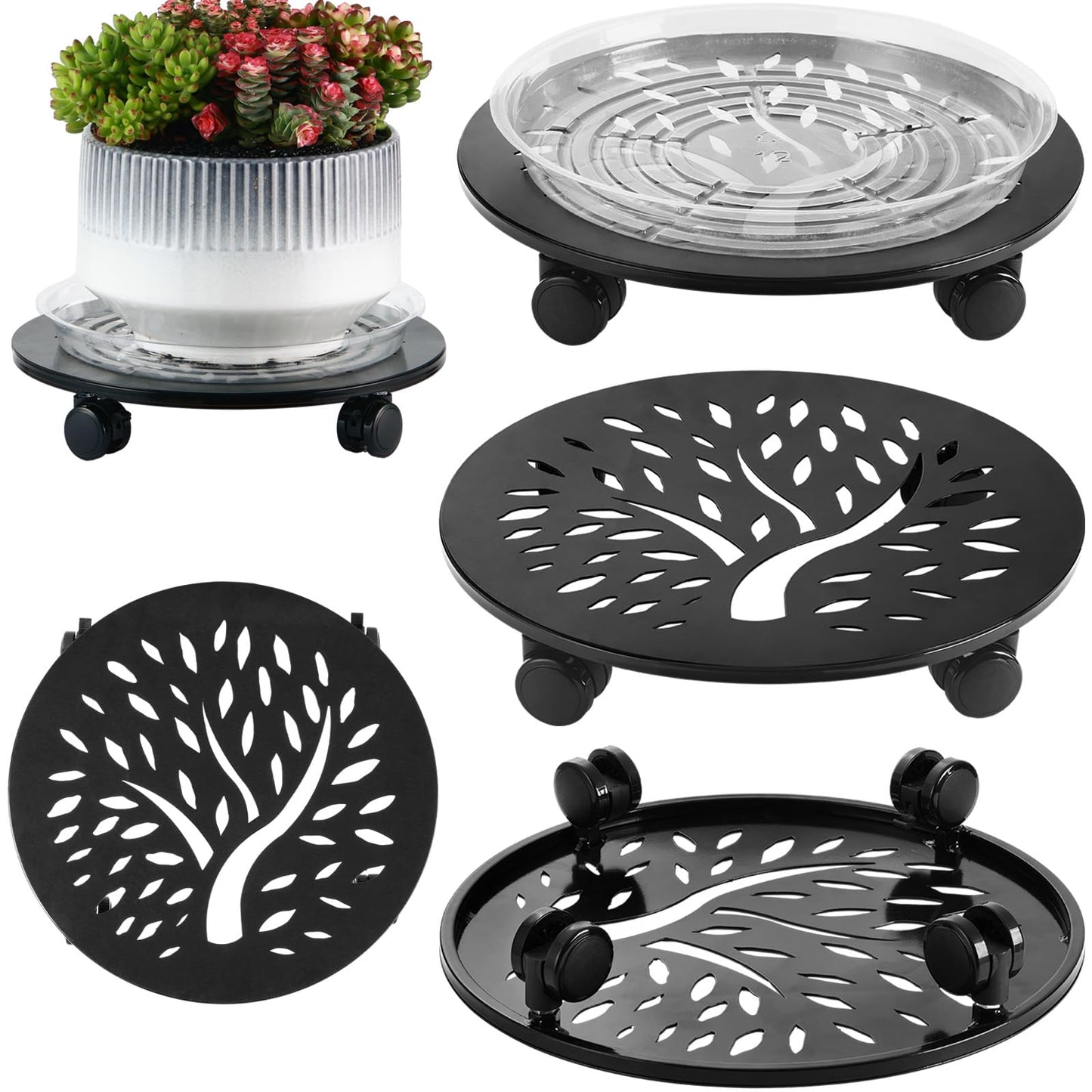 DEELF OUTLET 3 Packs Metal Plant Caddy with Wheels 13" Large Rolling Plant Stands Wheeled Plant Dolly Heavy-Duty Flower Pot Roller Base Movers, Black
