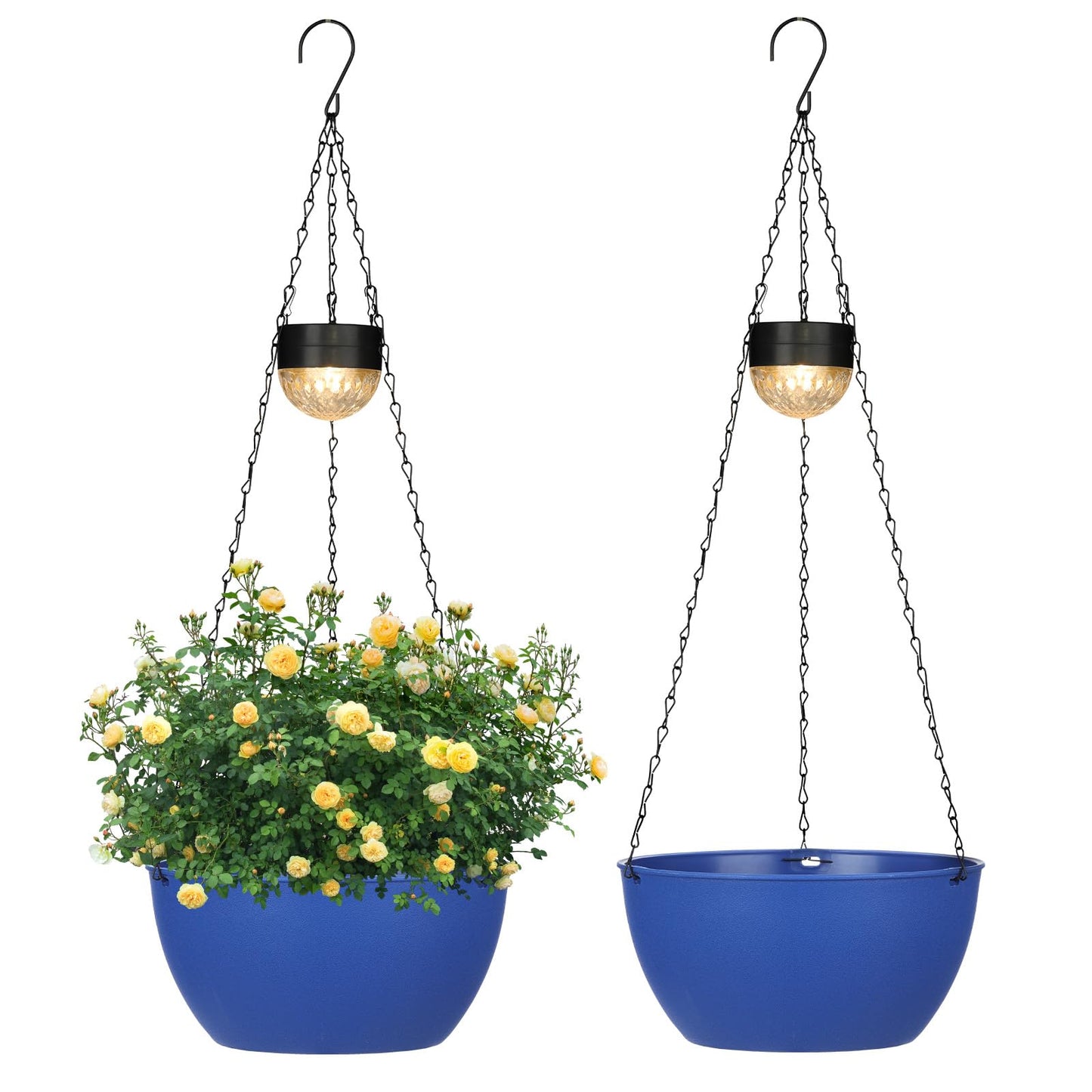 SUNNYPARK 2 Packs Hanging Planters Basket for Outdoor Plants, Solar Powered Self Watering Blue Round Plastic Flower Pots with Drainer for Balcony Patio Garden Outdoor Decoration