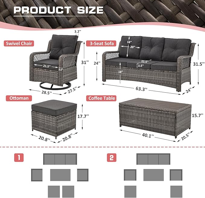 6 Pieces Wicker Patio Furniture Set Conversations Sets, 2 Outdoor 360° Swivel