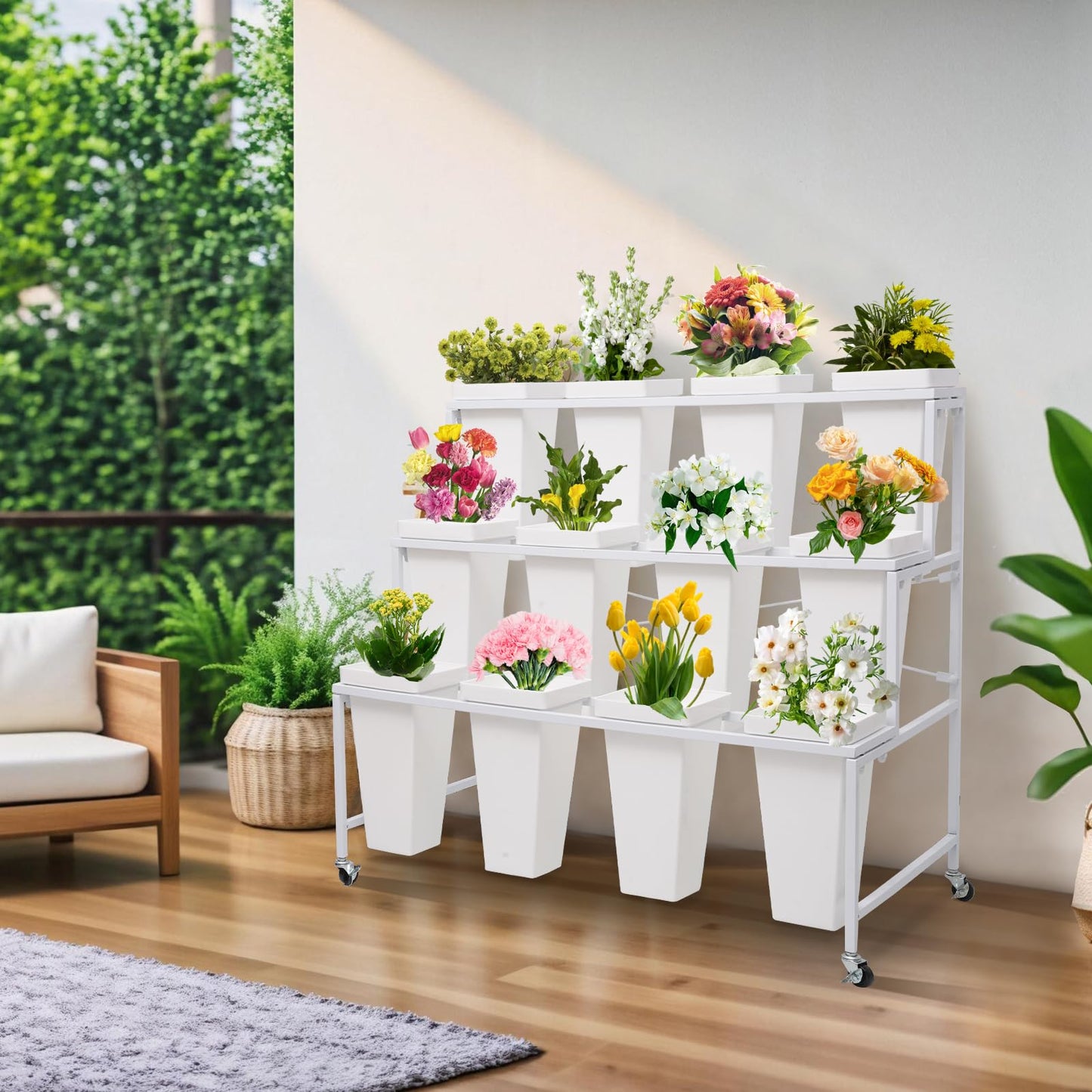 Flower Display Stands with Buckets, 3-Tier Rolling Plant Stand with Locking Wheels - Heavy Duty Metal Flower Cart for Indoor/Outdoor Use, Wedding Decor & Florist Displays (Holds 12 Pots) (White)