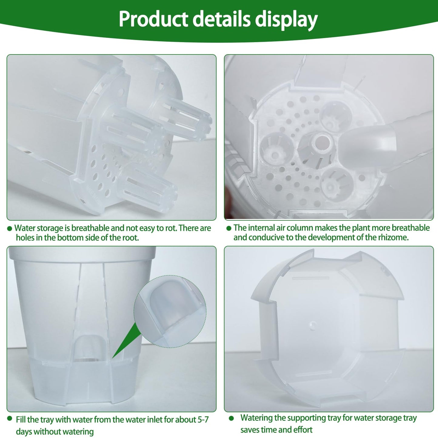 Cdd's Path 6-Pack Bare Root Planter Self Watering Pots Set with Holes for Indoor/Outdoor Plants, 2 Each of 5, 6 and 7 Inch Planter Pot with Watering Hole/Reservoir and Air Pipes, Clear
