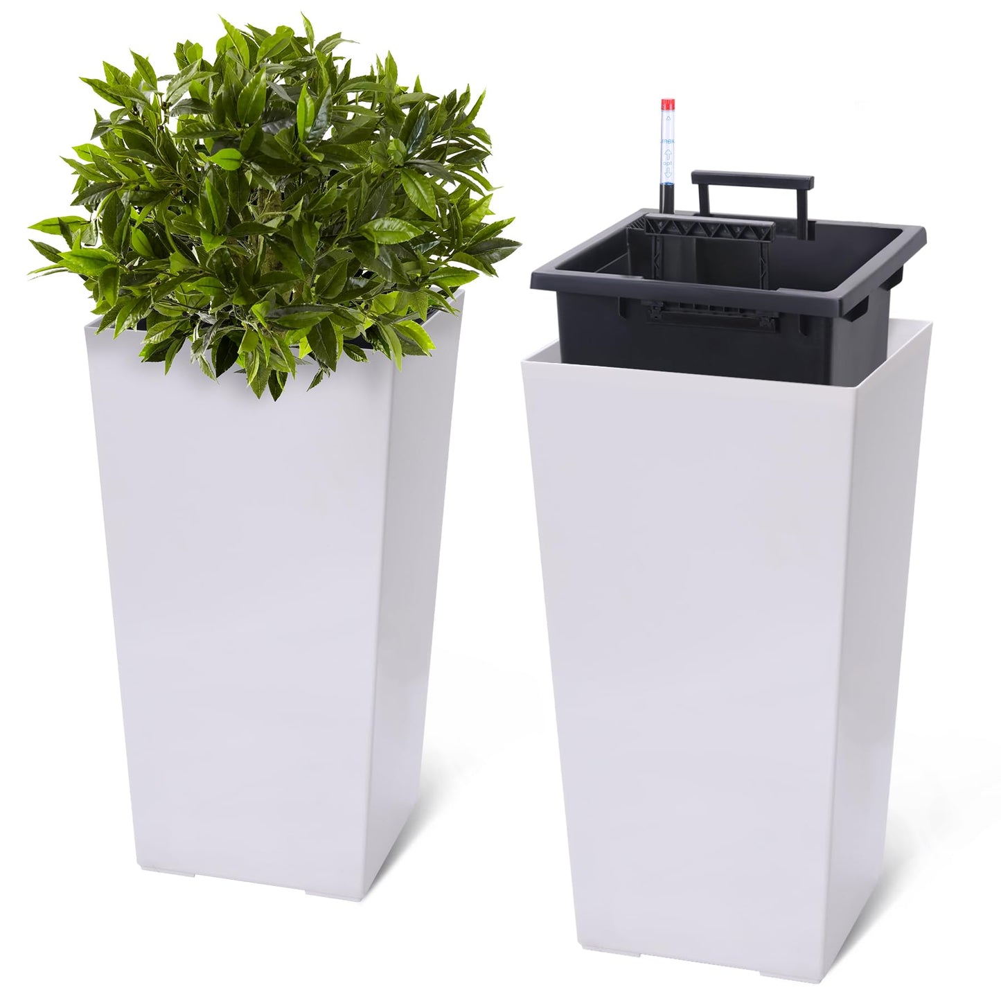 MilleLoom 22.5" Tall Outdoor Planters Set of 2, Indoor Outdoor Plant Pot with Water Level Monitor, Drainage Holes & Inner Bucket, Self Watering Flower Pots for Garden, Porch, Patio, White