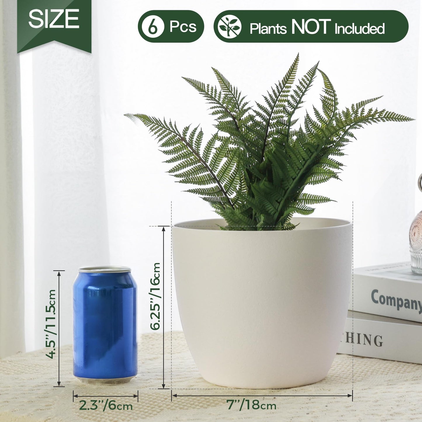 T4U 7 Inch Self Watering Planters Plastic Plant Pot, Modern Decorative Flower Pot/Window Box for All House Plants, Flowers, Herbs, African Violets, Succulents - White, Set of 6