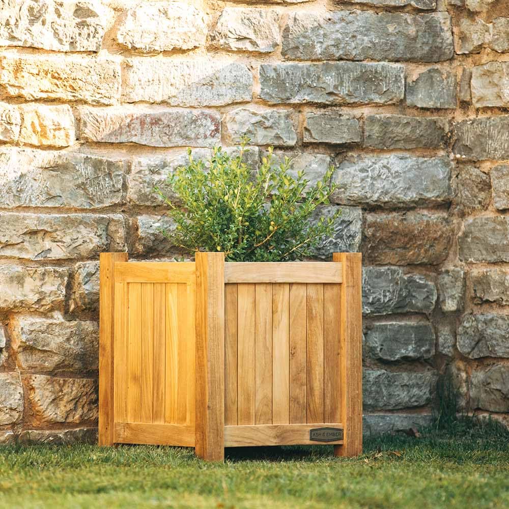 TITAN GREAT OUTDOORS Ash & Ember Grade A Teak Square Planter Box, 6 Cu FT / 48 Gal Fill Capacity, 26x26x28 Naturally Weather-Resistant Planters for Outdoor Plants, Outdoor Patio & Garden Decor