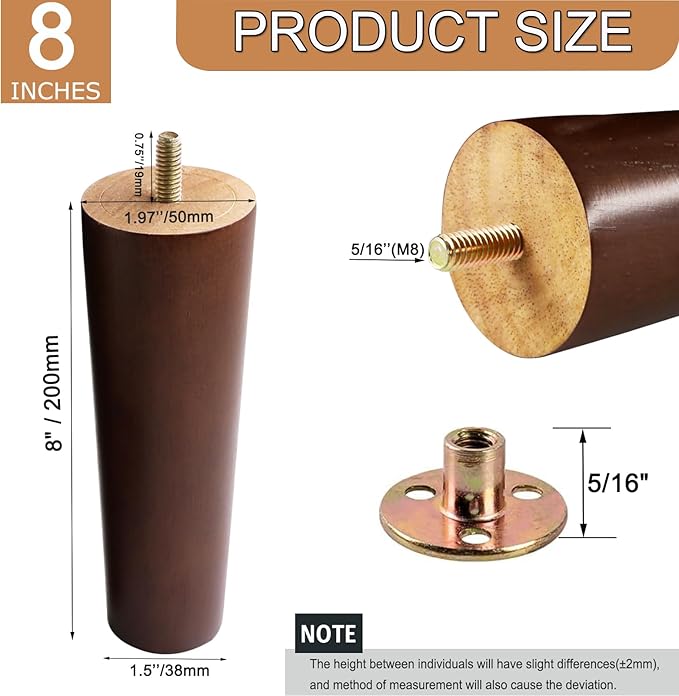 Yaliuliu Brown 8 Inches Furniture Legs Round Solid Wood Sofa Legs Replacement
