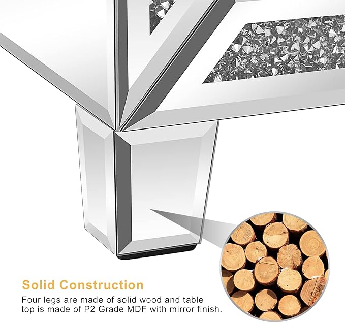 VINGLI Mirrored Nightstand Glass End Table, Mirrored Bedside Table