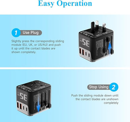 Minthouz Universal Travel Adapter, International 35W Power Adapter GaN PD Fast Charger with 2 USB-C PD & 2 USB-A Ports, All-in-One Portable AC Worldwide Power Converter Plug for USA EU UK AUS and More