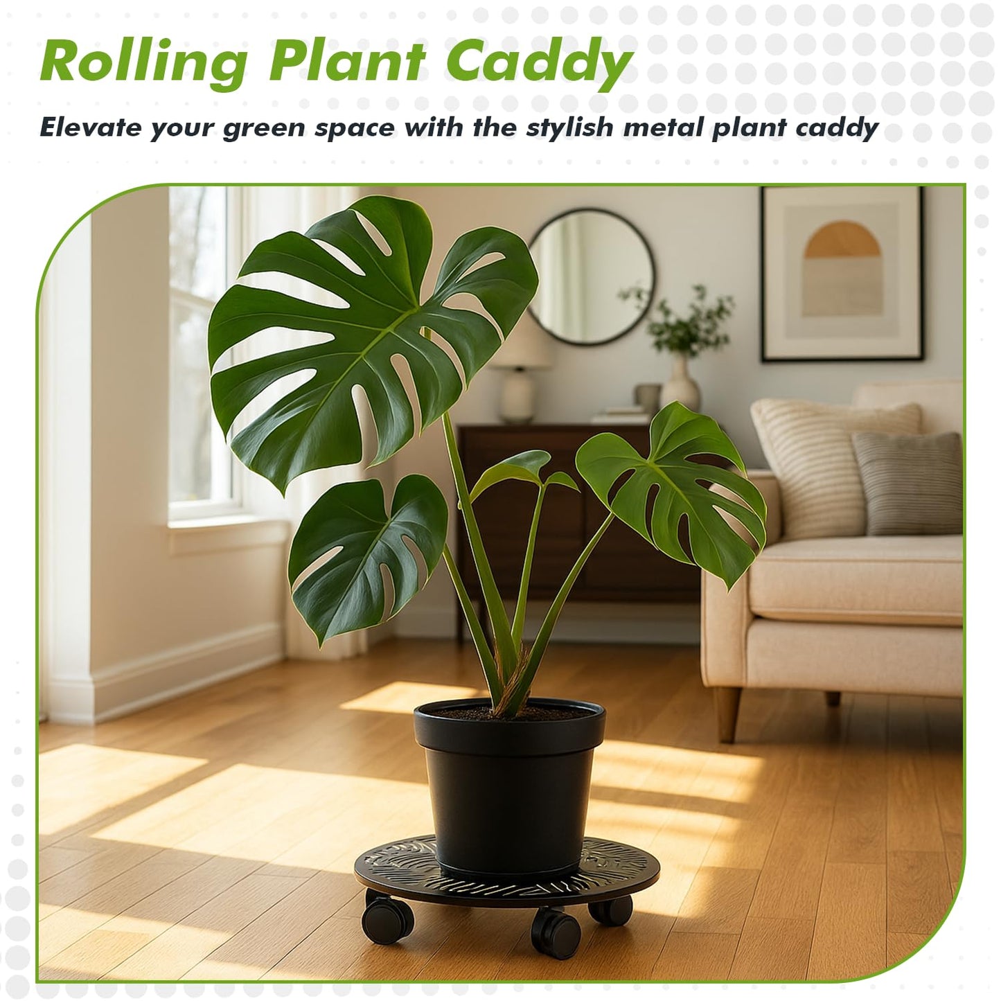 Planterhoma 2 Packs 12 Inch Large Metal Plant Caddy with Wheels Heavy-duty Rolling Plant Stand with Casters Flower Pot Mover Roller Base Flower Pot Dolly Coaster Trolley, Tropical Leaf