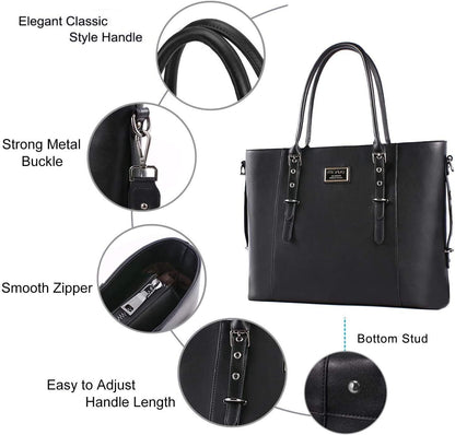 MOSISO PU Leather Laptop Tote Bag for Women, Waterproof Large Capacity Business Work Briefcase Shoulder Laptop Bag