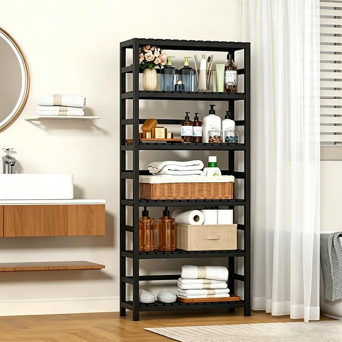 VASMIA 6-Tier Bamboo Shelf, Bamboo Storage Shelving Unit, Tall Bookcase