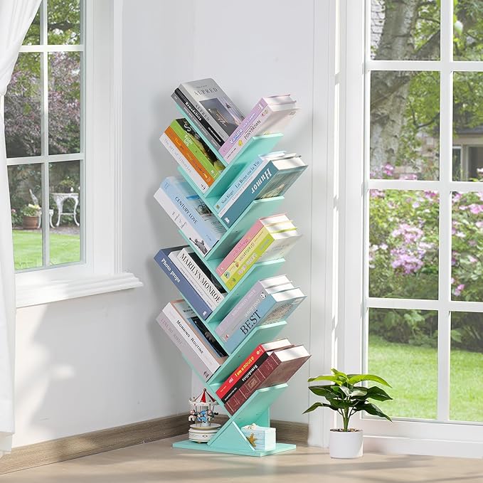 SHEEPAM 10 Tier Tree Book Shelf, Floor Standing Wood Bookshelf