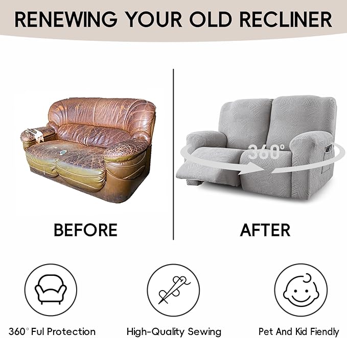 Recliner Loveseat Covers, 4-Piece Stretch Geometric Strokes Jacquard Reclining
