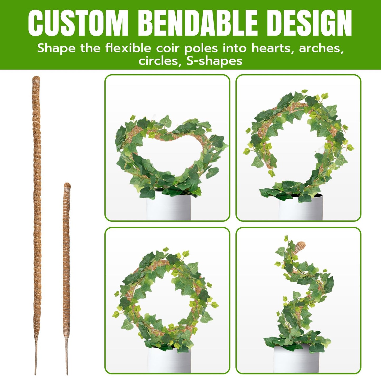 Mcbazel 2 Pack Bendable Moss Pole Kit (47" & 23") for Plants Monstera - Mixed Size Coco Coir Plant Support Stakes for Tall & Medium Indoor Vines - Flexible Totem Stick with Full Garden Ties