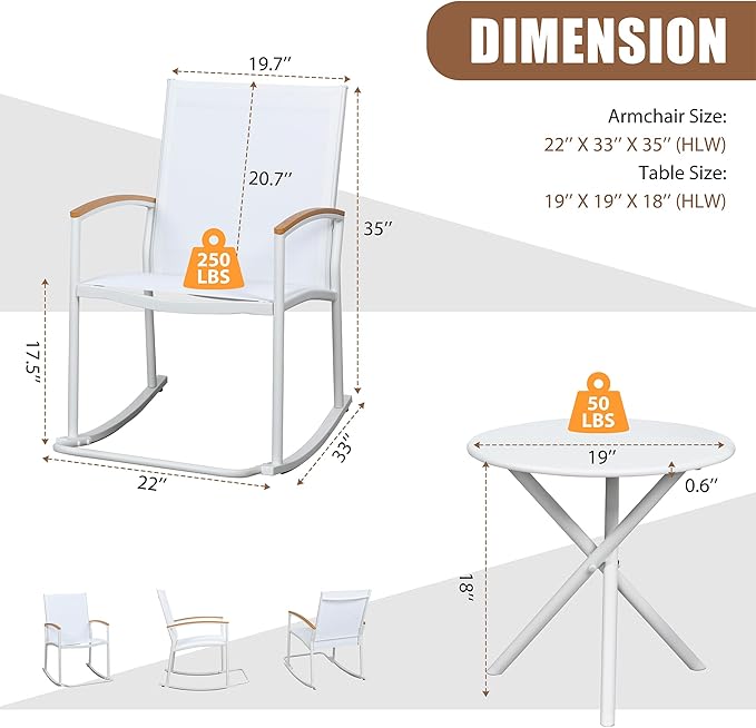 Shintenchi 3 Piece Outdoor Rocking Bistro Set, Textilene Fabric Small Patio