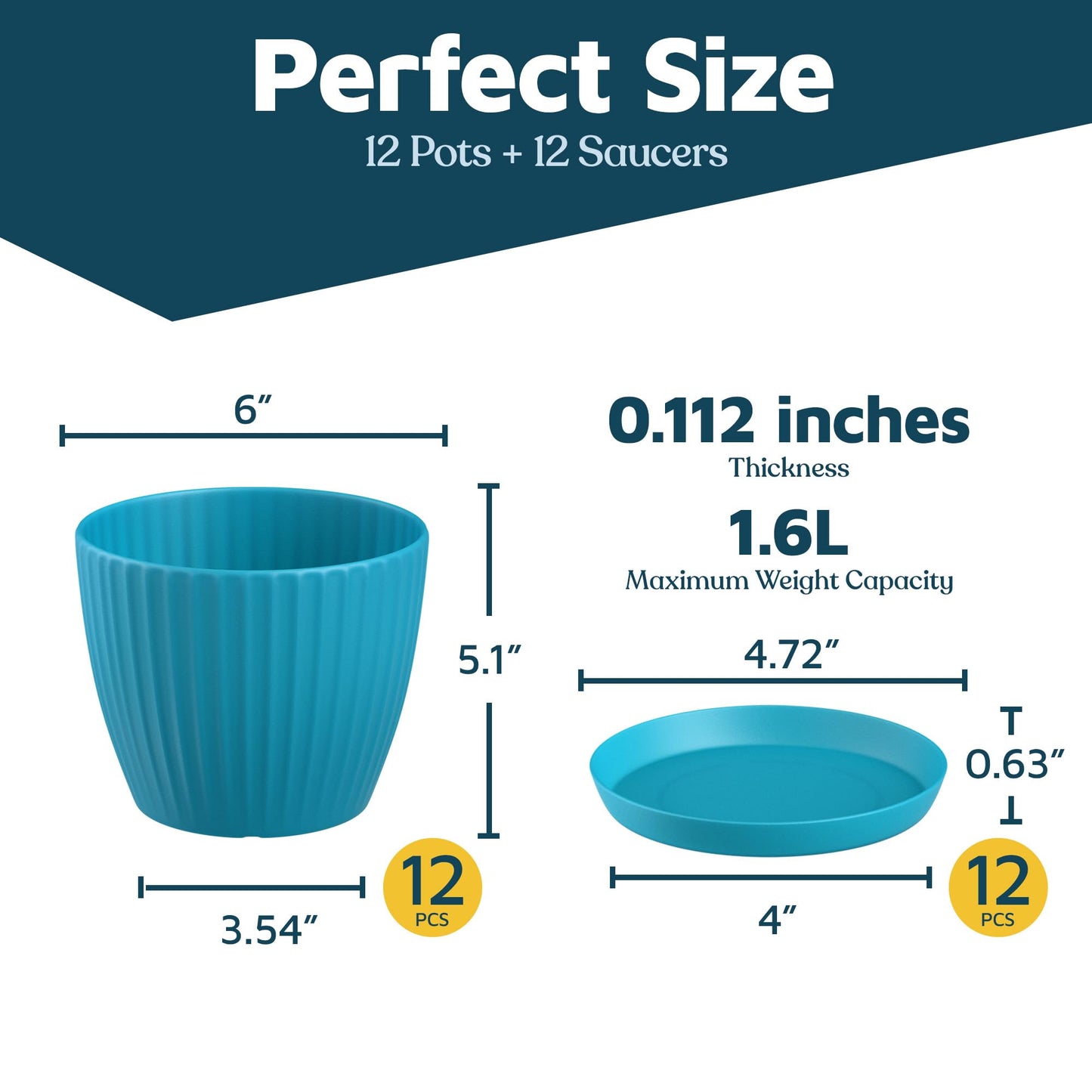 Blue 6-Inch Plant Pots with Drainage & Saucers 12 Pack, Indoor & Outdoor Planters for Houseplants, Herbs, and Flowers, Durable & Weatherproof Material, Stackable, Lightweight, Minimalist Design