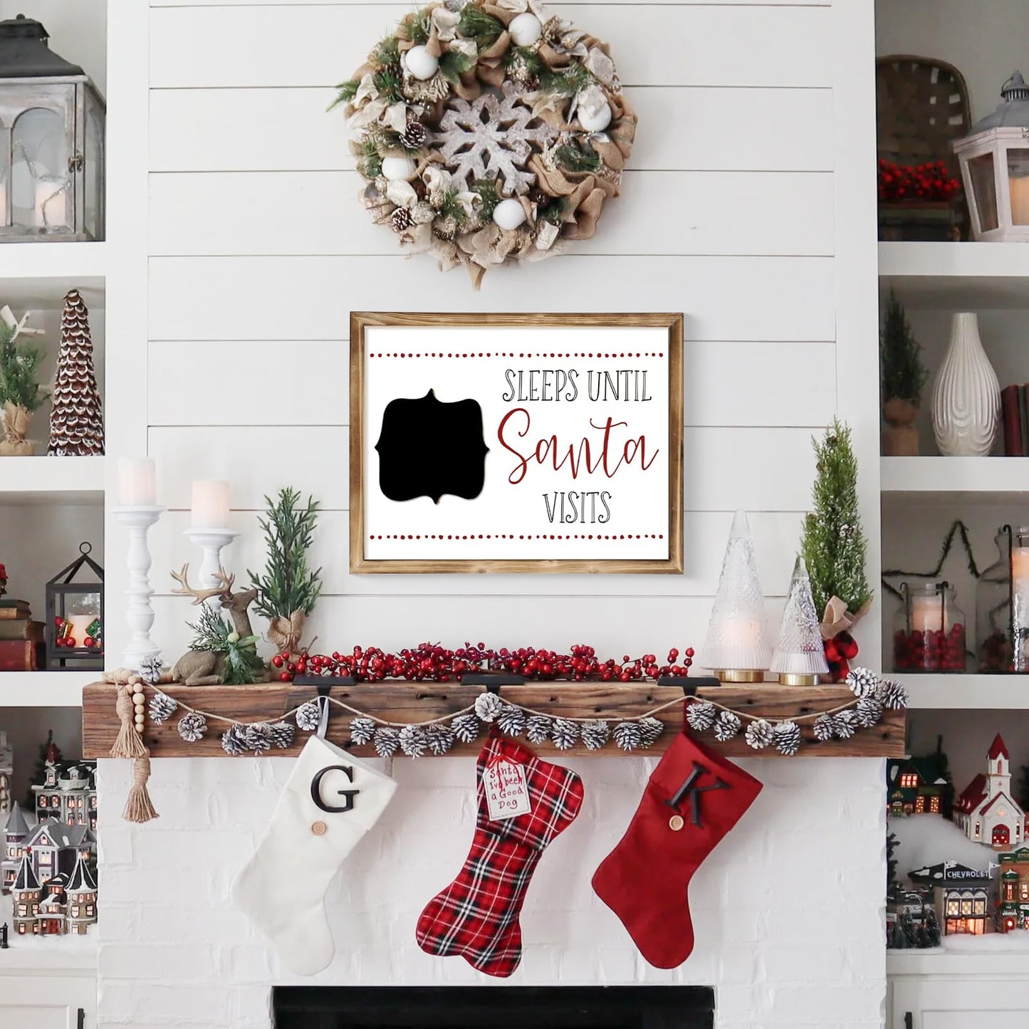 MACVAD Merry Christmas Sign with Countdown Chalkboard for Home Indoor Decorations, 14" Rustic Farmhouse Merry Christmas Block Wooden Sign with Erasable Chalkboard for Mantel, Wall & Tabletop