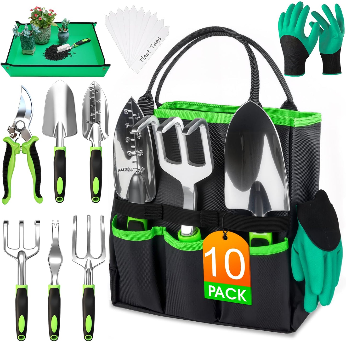 WOWBOX Garden Tools Set - 10 PCS, Heavy Duty Gardening Hand Tools Kit with Storage Tote, Rust-Resistant Gardening Supplies for Planting with Non-Slip Ergonomic Handle for Women and Men (Green)