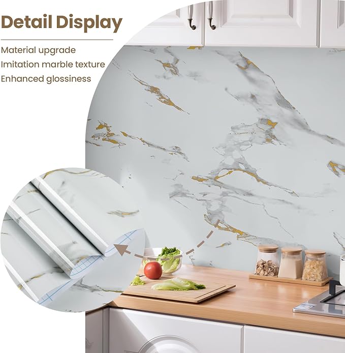 practicalWs Glossy Marble Wallpaper Peel and Stick White/Gold Granite Contact