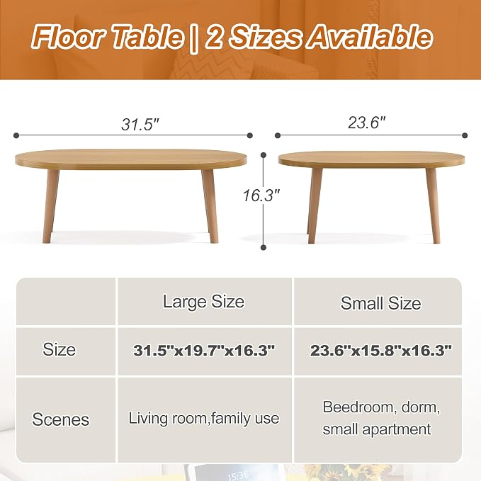Coffee Table Low Table with Solid Wood Legs, 31.5x19.7" Large Coffee Table Side Table, Floor Table Desk for Sitting on The Floor, Living Room Furniture for Office Apartment Home, Oval Natural
