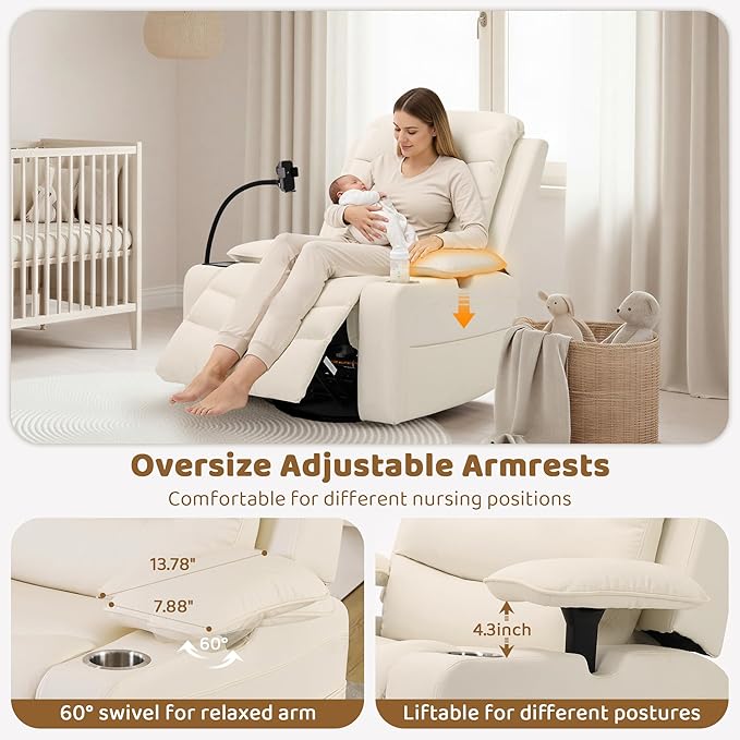 Olela Power Glider Recliner Nursery Chair, Oversized Leather Swivel Rocking