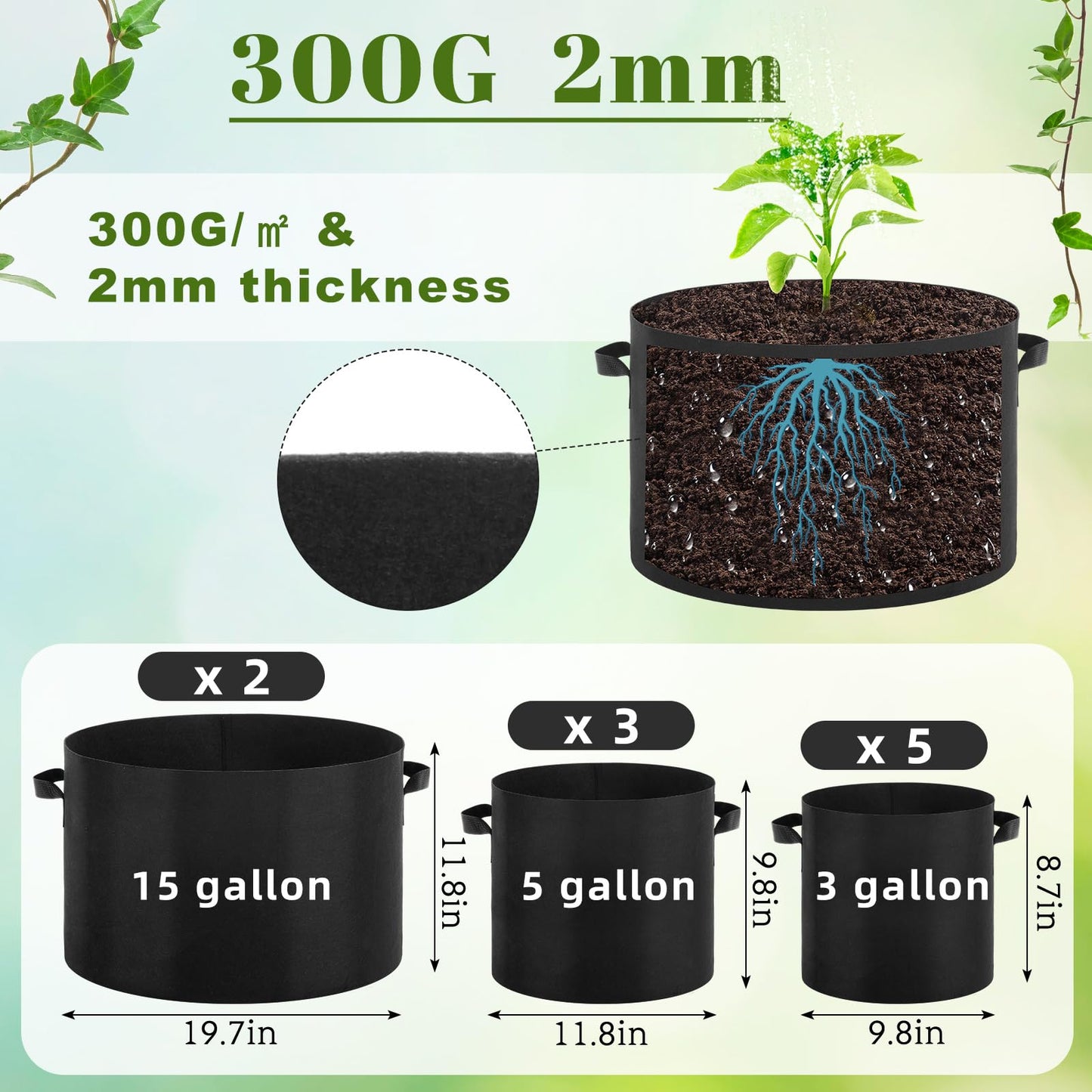 Wovnet 10 Pack Plant Grow Bags 15 Gallon 5 Gallon 3 Gallon Heavy Duty 300g Thickened Nonwoven Aeration Fabric Pots with Handles for Garden Indoor & Outdoor Planting, Moisture Retaining
