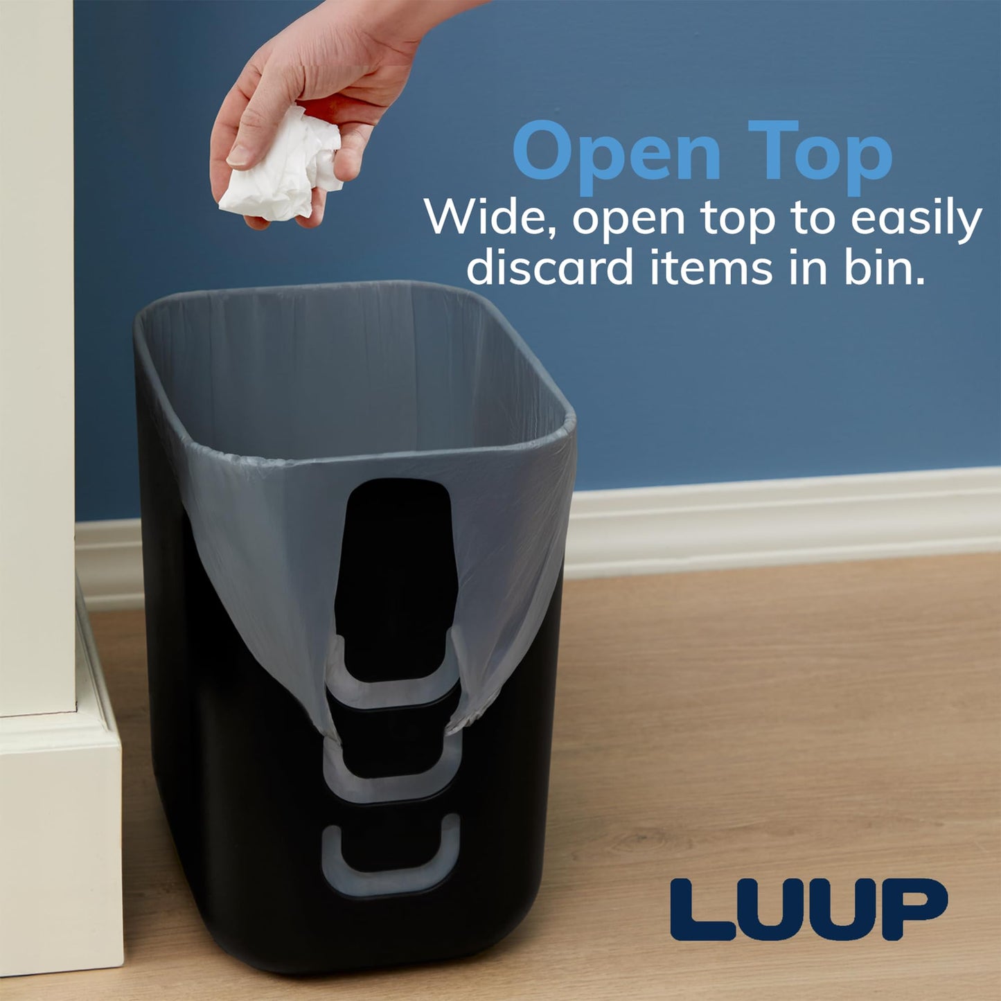 STORi Luup Trash Can (Black) - Reuse Grocery Bags - Plastic Garbage Container for Bathroom, Vanity, Laundry Room, Kitchen, Office, Garage - 2.5 Gallon Wastebasket with Hooks to Secure Trash Bags