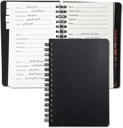 Current Black Password & PIN Keeper Book, 65 Pages, 4.5” x 5 ¾” Size Spiral Bound, Alphabetical Tabs, Plastic Cover Internet Organizer for Offline Website, Login, & Username Storage