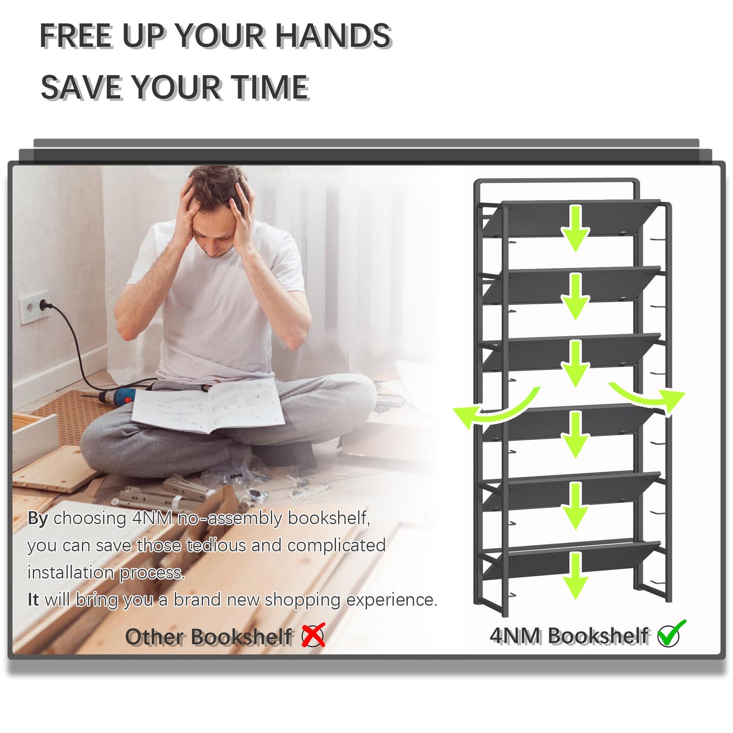 4NM No Assembly 6 Tiers Folding Bookshelf Storage Shelves Vintage Bookcase Standing Racks Study Organizer Home Office (Pink White)