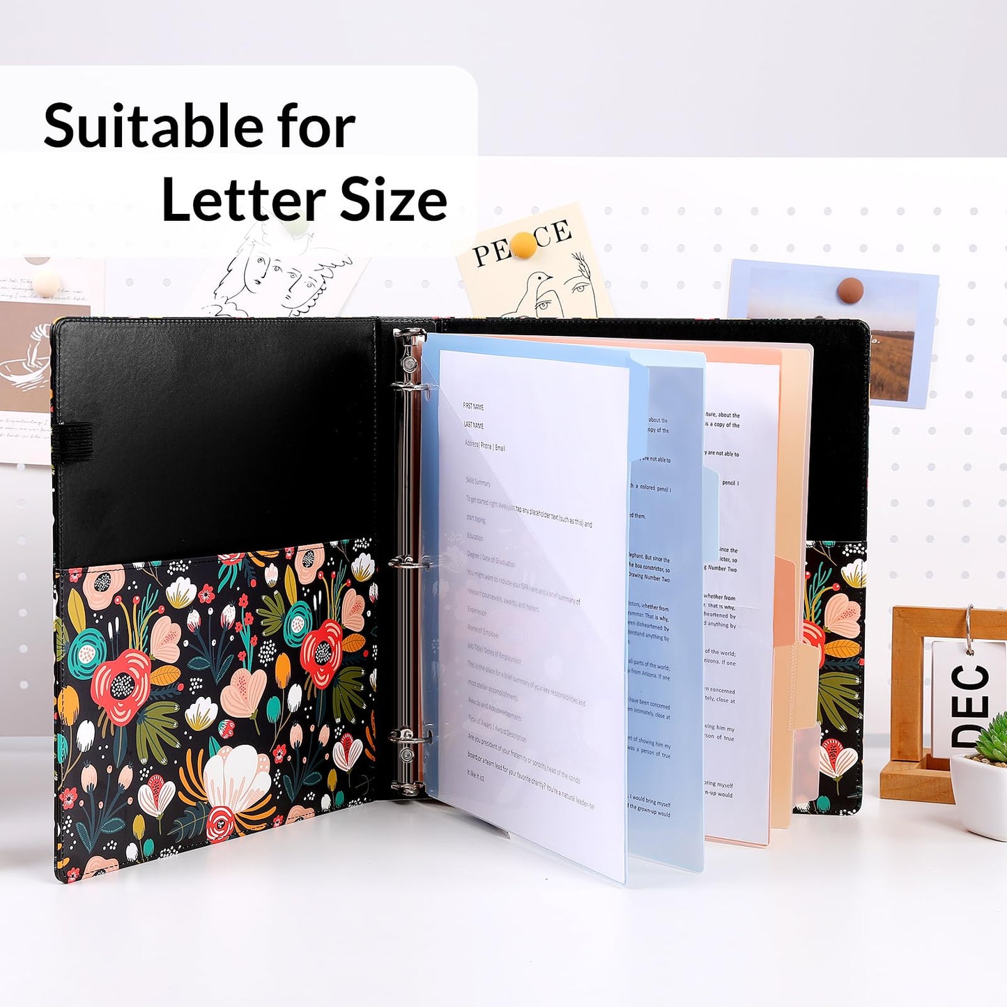 SKYDUE 1 Inch 3-Ring Binder with Clipboard, PU Binder with 5 Dividers, Notepad, Stickers & Pockets for Work and School - Aesthetic Binder (Letter Size)