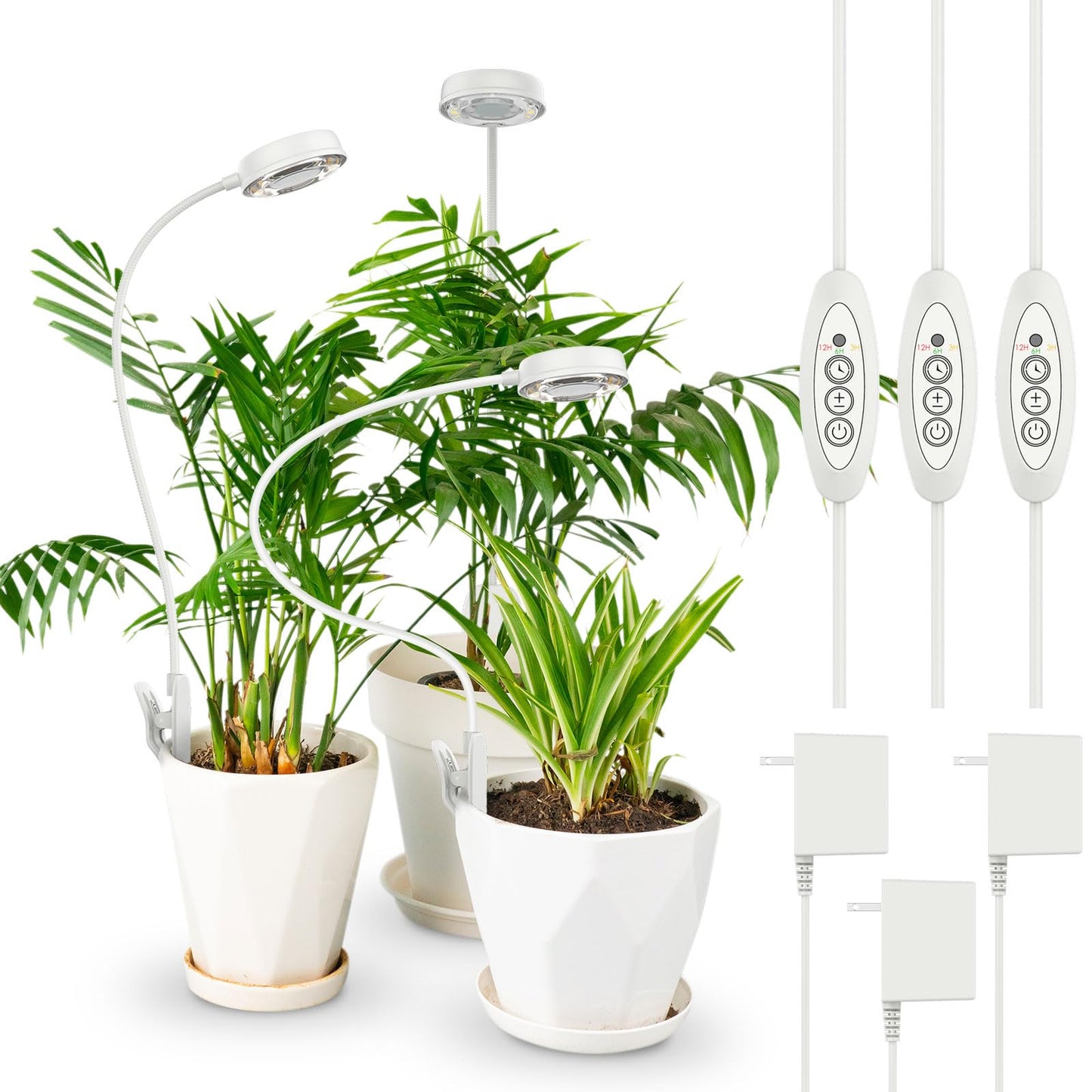 SANSI Grow Lights for Indoor Plants, Pot Clip LED Plant Light for Growing Full Spectrum, Plant Growing Lamp with 4-Level Dimmable, Auto On Off 3 6 12 Hrs Timer for Pot Plants, White 10W 3-Pack