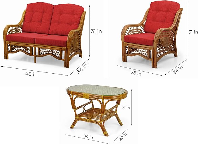 Malibu Lounge Set of 4: 2 Natural Rattan Wicker Chairs, Three-Seater Sofa