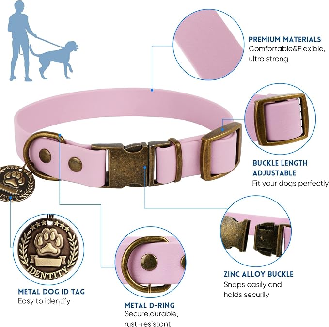 Wisedog Waterproof Dog Collar and Leash Set, L, Pale Pinkish Purple | Adjustable Puppy Collar, Cute Tag, 5FT Leash, Includes Poop Bag, For Small Medium Large Dogs