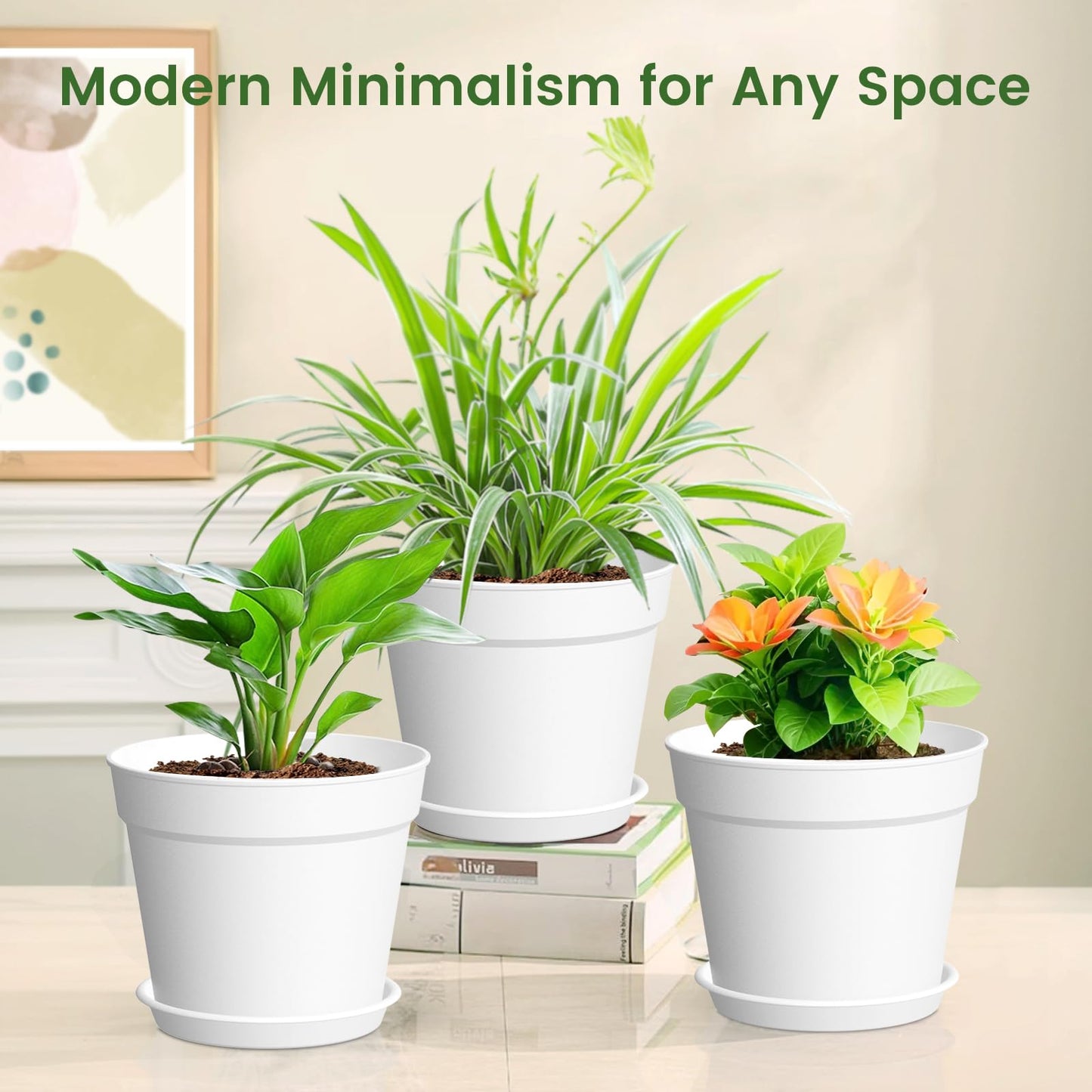 10 Pack 6 Inch Plant Pots with Drainage and Saucers, White Plastic Flower Pots for Indoor and Outdoor Plants, Stackable Nursery Planters for Houseplants and Herbs, White