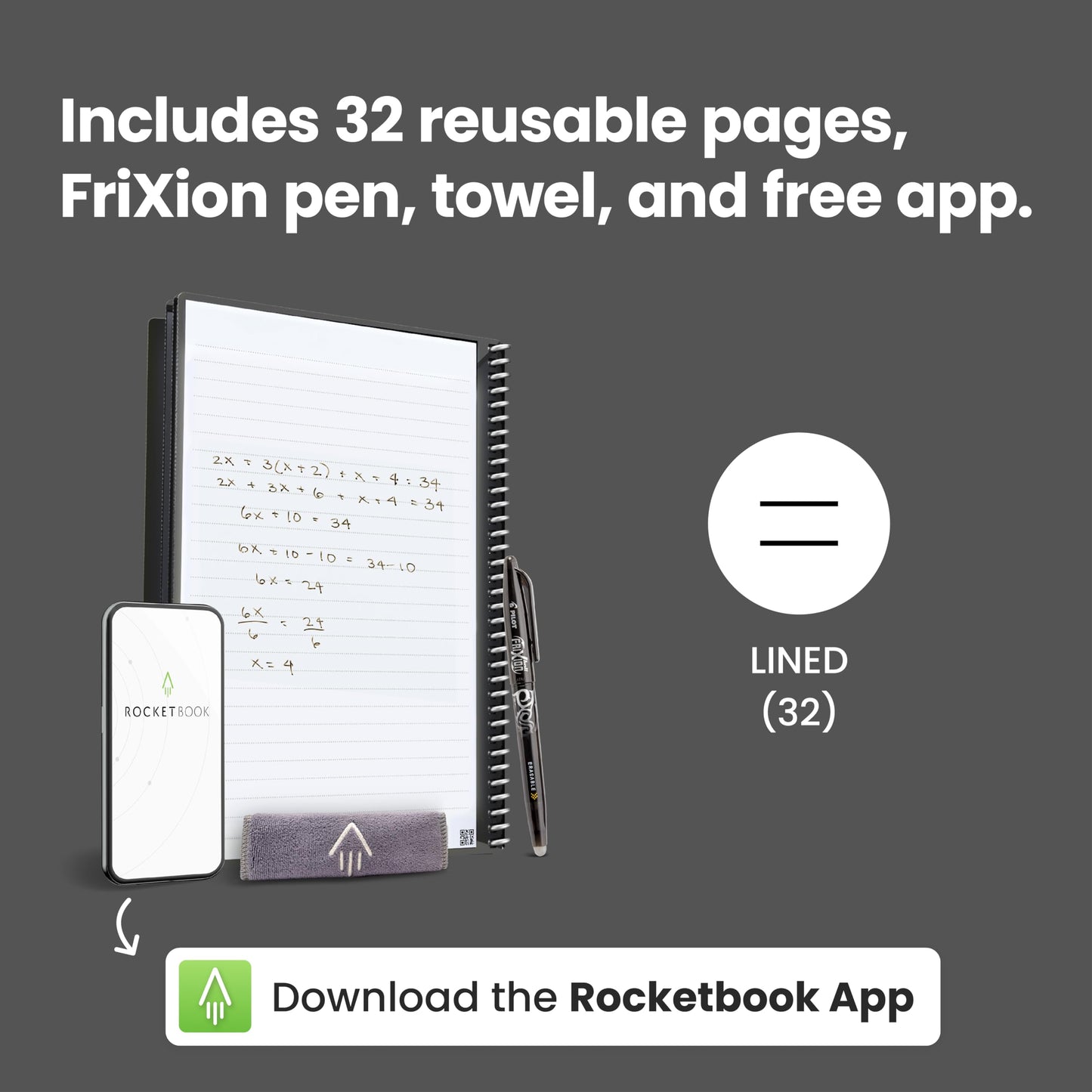 Rocketbook Core Reusable Spiral Notebook, Letter Size 8.5x11, Black - Lined Pages, App-Connected, Erasable, Durable Cover, Ideal for School, Work, and Creative Projects