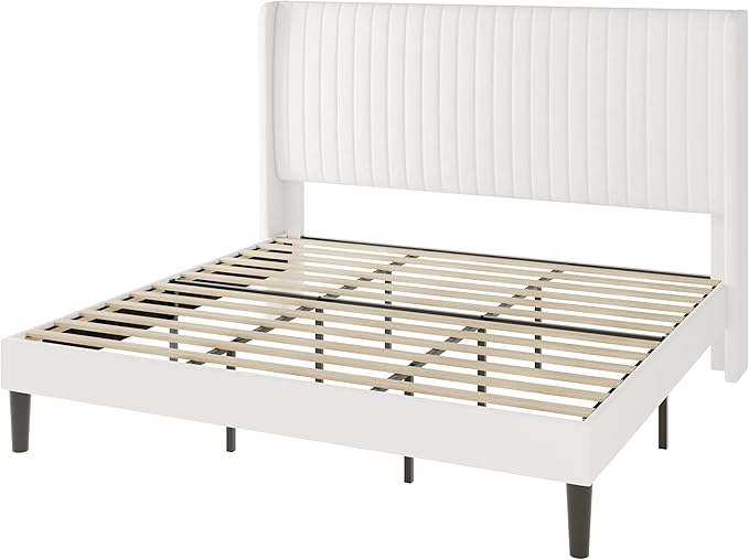 Allewie King Size Velvet Bed Frame/Vertical Channel Tufted Wingback