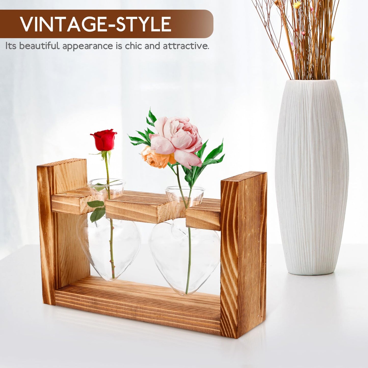 SUPVOX Wooden Stand Glass Heart-Shaped Vase for Indoor Plants, Hydroponic Terrarium Planter, Tabletop Decor Set with 2 Glass Vessels, Suitable for Home and Office