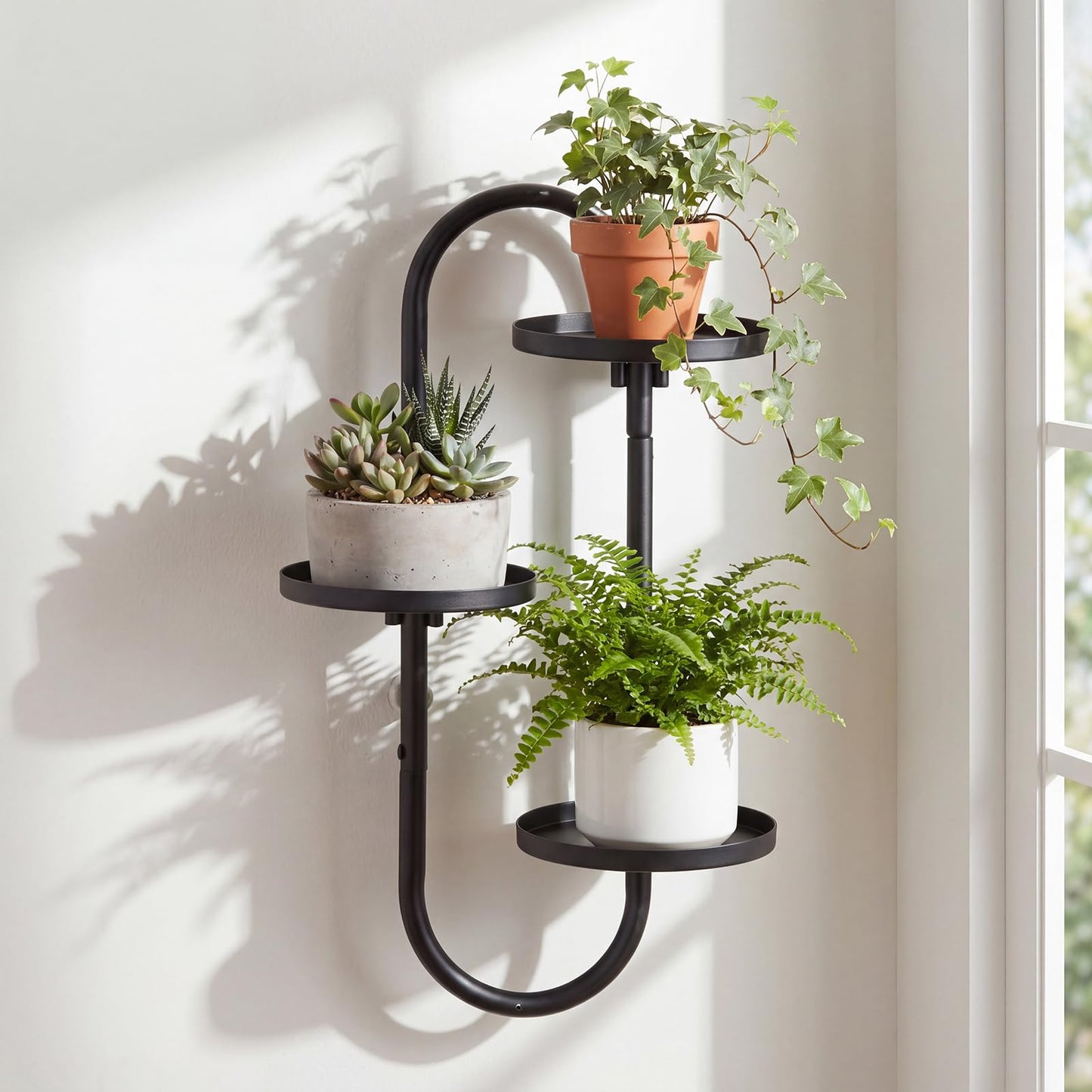 Sliner Wall Mounted Plant Stands 16 Inch Rotating Window Plant Shelves 3 Tier Hanging Wall Planters with Hooks for Indoor Window Living Room Home Decor
